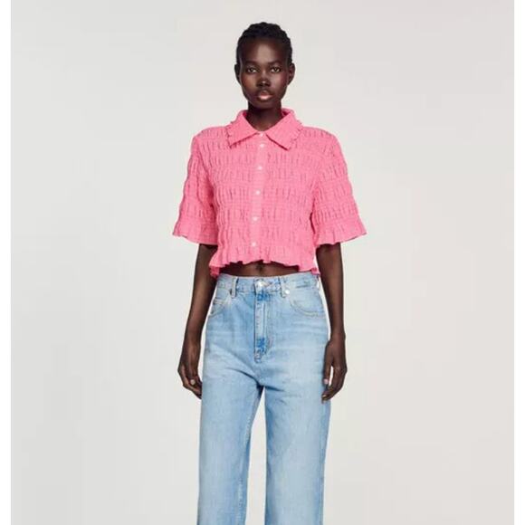 Sandro Janelle Stripe Smocked Cropped Blouse size XS - Picture 1 of 6